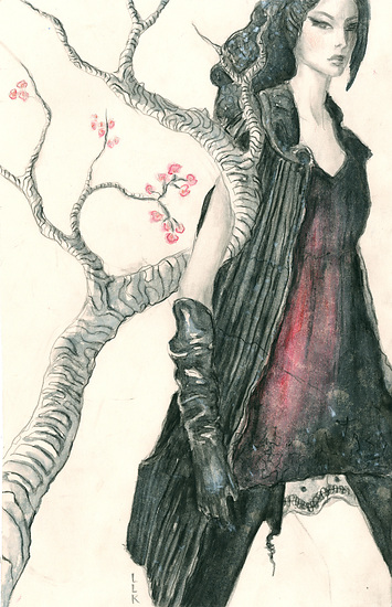 Come with Me, woman in dark dress with gloves, standing by tree with pink blossoms, 2005 watercolor painting on paper by Laura L. Krusemark