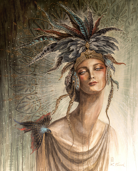 Eternal Spring - Goddess Alma, woman with feather headdress and bird, decorative patterned background, 2015 watercolor painting on paper by Laura L. Krusemark