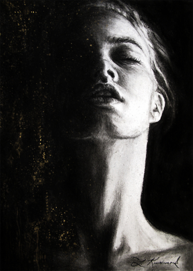 Desire to be.., woman face in shadow and light, head tilted back, dark background, 2015 charcoal painting on paper by Laura L. Krusemark