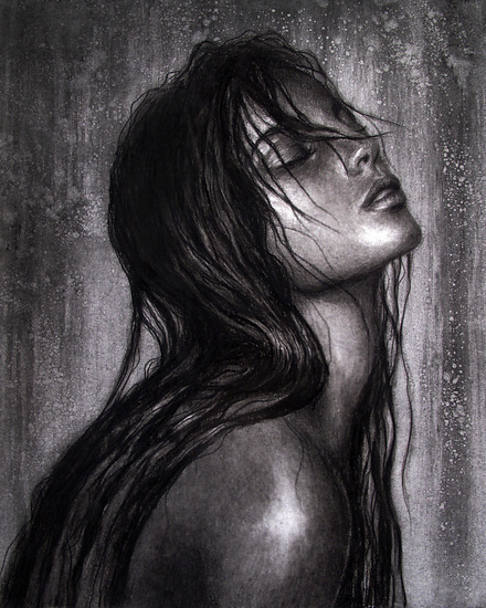 Surrender, woman with wet hair, head tilted back, monochrome portrait, 2015 charcoal painting on paper by Laura L. Krusemark