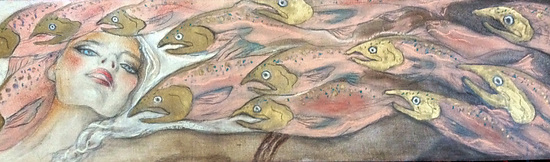 The Wise Ancestors, woman with flowing hair filled with small fish, horizontal composition, 2015 watercolor painting on paper by Laura L. Krusemark