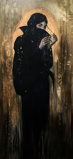 Alchemist Geisha, woman in black robe covering face, holding object, glowing arch behind, 2016 oil painting on canvas by Laura L. Krusemark