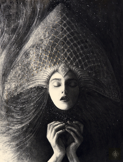 Ancient Song of the Sun, woman with large textured headdress, eyes closed, dark swirling background, 2016 charcoal painting on paper by Laura L. Krusemark