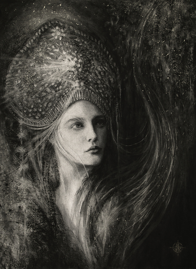 Spring Queen, woman with ornate headdress, flowing hair, looking upward, textured background, 2016 charcoal painting on paper by Laura L. Krusemark