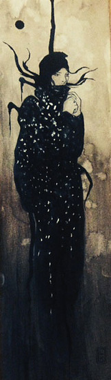 Tokyo 1, woman in dark cloak with branches behind, small white dots pattern, 2016 watercolor painting on paper by Laura L. Krusemark
