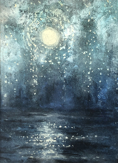 Full Moon Blessings, full moon over water with reflections, blue night sky with light particles, 2019 pastel painting on paper by Laura L. Krusemark
