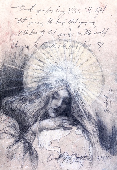 Gratitude Sketch, woman with head bowed holding globe, radiating lines above, sketch style, 2019 pencil painting on paper by Laura L. Krusemark