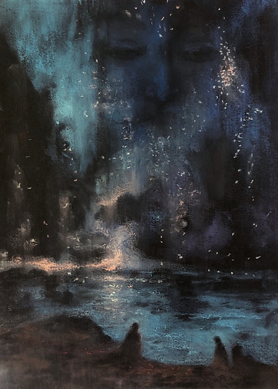 The Calm in the Chaos, large face above water with small figures, dark blue night landscape, 2021 pastel painting on paper by Laura L. Krusemark