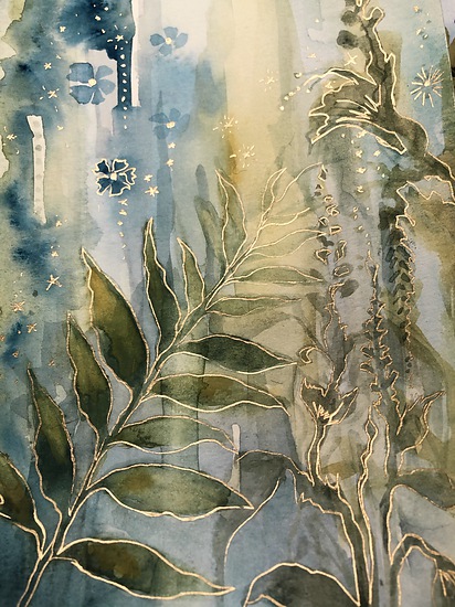 Water Garden, botanical leaves and plants with gold outlines, soft blue background, 2021 watercolor painting on paper by Laura L. Krusemark