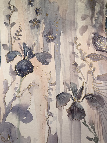 Iris, botanical flowers with gold details, soft muted tones and vertical composition, 2021 watercolor painting on paper by Laura L. Krusemark
