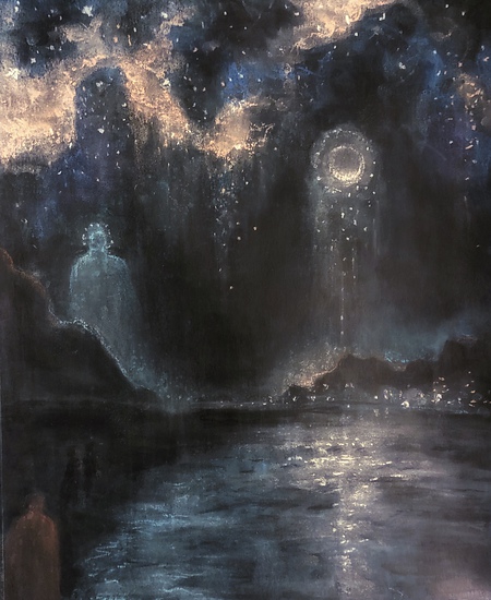 Rise of the Mother, moon over water with reflections, dark landscape and glowing sky, 2021 pastel painting on paper by Laura L. Krusemark