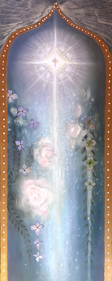 The Rose of Sophia, vertical light beam with flowers, arch frame, soft glowing background, 2021 oil painting on wood panel by Laura L. Krusemark