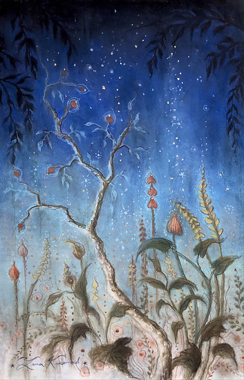 Garden Nocturne, tree and plants under starry blue sky, botanical night scene, 2022 pastel painting on paper by Laura L. Krusemark