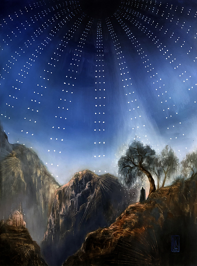 Vision Quest, mountain landscape with figure on cliff under radial star pattern sky, 2022 oil painting on wood panel by Laura L. Krusemark