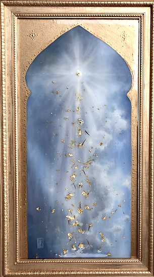 The Golden Age, arched window with glowing light and floating gold fragments, 2022 oil painting on wood panel by Laura L. Krusemark