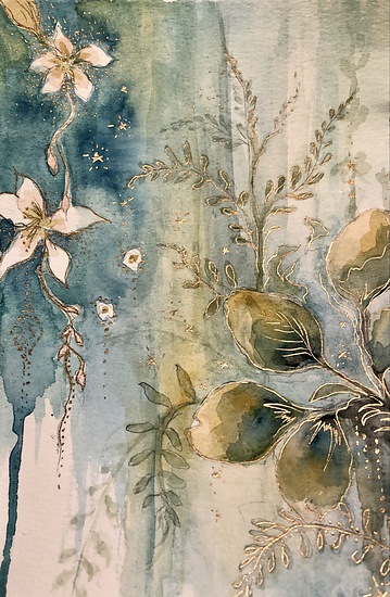 Mediterranean Dreaming, soft botanical leaves and white flowers with gold accents on blue wash, 2022 watercolor painting on paper by Laura L. Krusemark