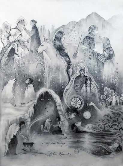 In the Time of Witches, multi scene composition with figures, animals, carriage, water and mountains, 2022 pencil painting on paper by Laura L. Krusemark