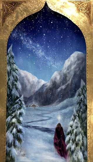 Winter's Wonder at Twilight, snowy mountain valley with figure walking under star filled night sky, 2023 oil painting on wood panel by Laura L. Krusemark