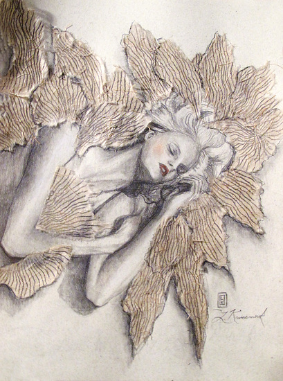 Winged Dreams, sleeping woman surrounded by layered leaf shapes with soft sketch lines, 2023 pencil painting on paper by Laura L. Krusemark