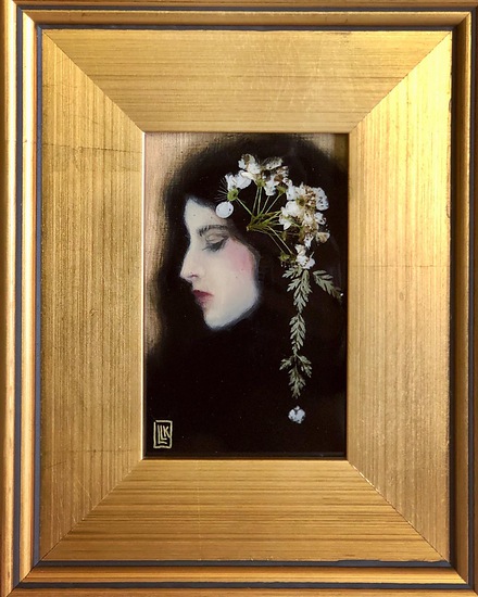 Pavia and the Pear Blossoms, profile portrait of woman with white flowers in hair against dark background, 2023 painting by Laura L. Krusemark