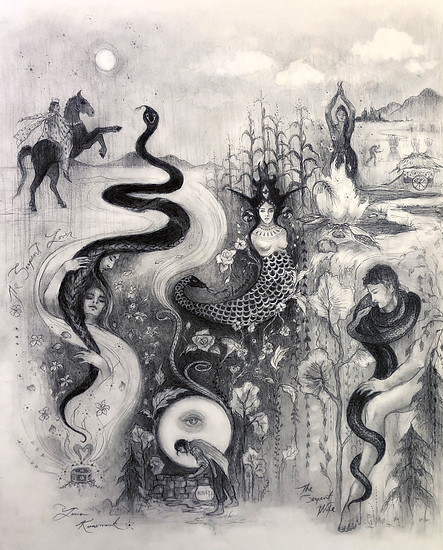 Soaring Serpents, graphite drawing featuring snakes from different fairytale stories from around the world, 2023 pencil painting on paper by Laura L. Krusemark