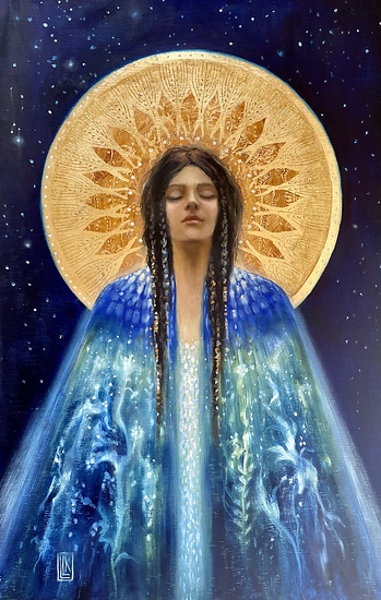Mother Earth Ascending, young woman with a large golden Byzantine style halo around her head and a blue and green floral cape stand face forward against the indigo sky filled with stars, 2024 oil painting on wood panel by Laura L. Krusemark