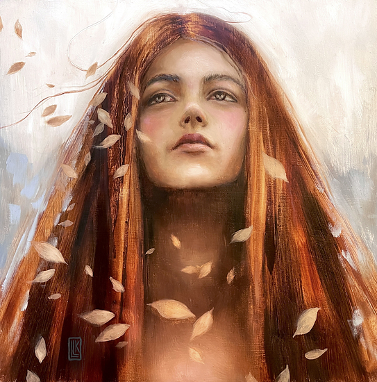 Autumn's Song, portrait of a young lady looking upwards while Autumn leaves fall around her and her red hair blows in the wind, 2024 oil painting on wood panel by Laura L. Krusemark