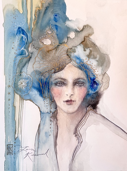 Miss Edwards, watercolor portrait of a lady with gold and blue, 2025 watercolor painting on paper by Laura L. Krusemark