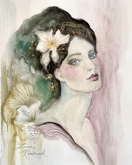 From Lemuria with Love, watercolor portrait of a lady flowers and gold details, 2025 watercolor painting on paper by Laura L. Krusemark