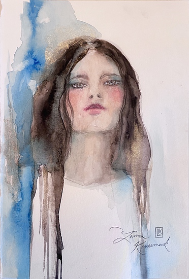 Golden Blue, watercolor portrait of a lady with gold and blue, 2025 watercolor painting on paper by Laura L. Krusemark