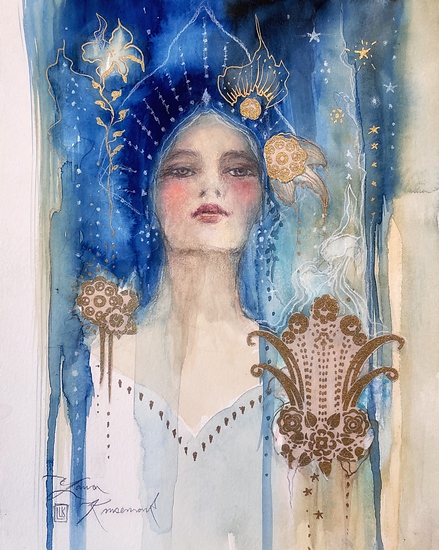 Indigo Queen, watercolor portrait of a lady with gold and blue, 2025 watercolor painting on paper by Laura L. Krusemark