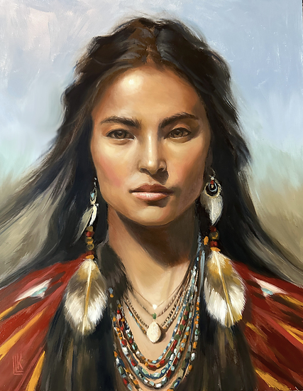 Dreamcatcher, young beautiful Native American woman forward facing portrait with dreamcatcher feather earrings and Native American dress under a bright sunny sky, 2025 oil painting on wood panel by Laura L. Krusemark