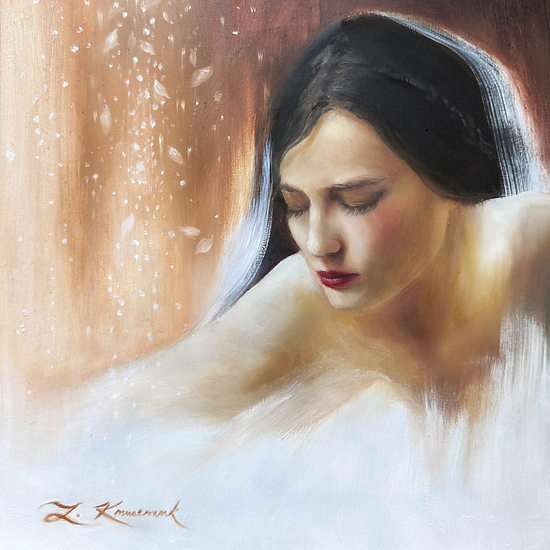 Gifts of Gold, portrait of a young woman reflecting in a profile pose created in a oil sketch style with soft warm gold and burnt sienna colors in the background, 2025 oil painting on wood panel by Laura L. Krusemark
