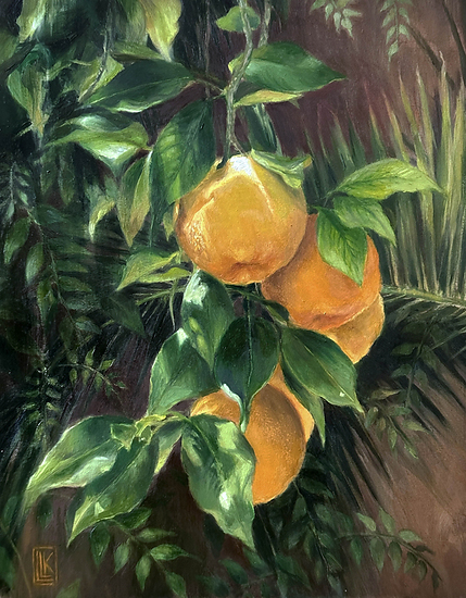 Majorelle Oranges, cluster of succulent oranges highlighted by the sun hangs from a tree in the Majorelle Garden in Marrakesh, Morocco, 2025 oil painting on wood panel by Laura L. Krusemark