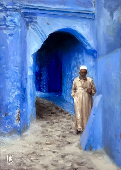 Chefchaouen II, traditionally dressed male figure along the walls of  the famous Blue City- Chefchaouen in Morocco, 2025 oil painting on wood panel by Laura L. Krusemark