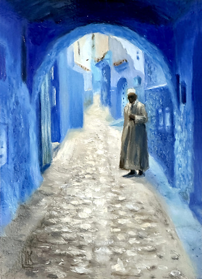 Chefchouen I, traditionally dressed male figure along the walls of  the famous Blue City- Chefchaouen in Morocco, 2025 oil painting on wood panel by Laura L. Krusemark