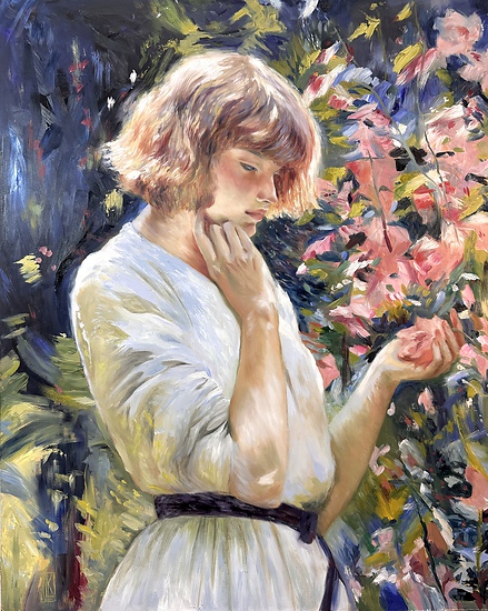 Marsh Mallows, young lady observing flowers in her hand in a sunlit garden, 2025 oil painting on wood panel by Laura L. Krusemark