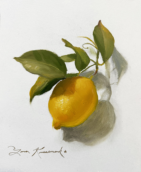 Lemon Study 1, yellow lemon with green leaves on white background, 2026 oil painting on wood panel by Laura L. Krusemark