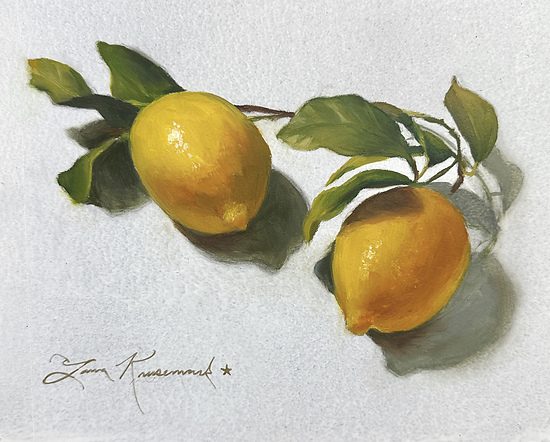 Lemon Love, yellow lemons with green leaves on white background, 2026 oil painting on wood panel by Laura L. Krusemark