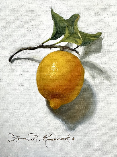 Lemon Study 3, yellow lemon with green leaves on white background, 2026 oil painting on canvas by Laura L. Krusemark