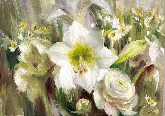 Spring blossoms, composition of white easter lily and white roses, 2026 oil painting on wood panel by Laura L. Krusemark