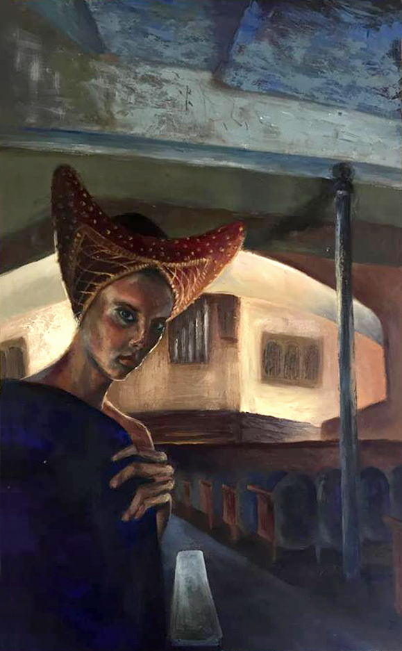 The Grand Play, woman with red hat on balcony, arches and lit windows at night, 1998 oil painting on canvas by Laura L. Krusemark