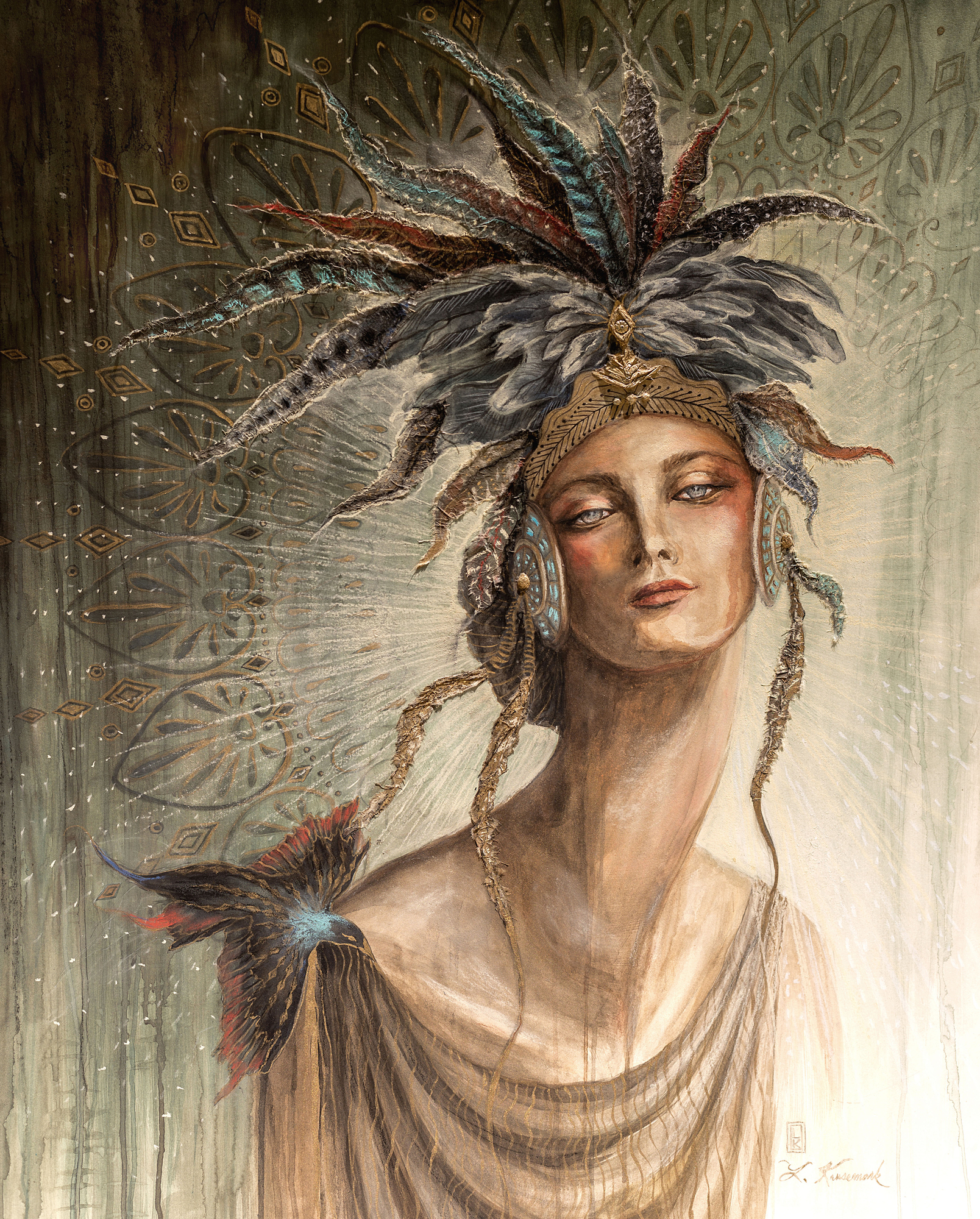 Eternal Spring - Goddess Alma, woman with feather headdress and bird, decorative patterned background, 2015 watercolor painting on paper by Laura L. Krusemark