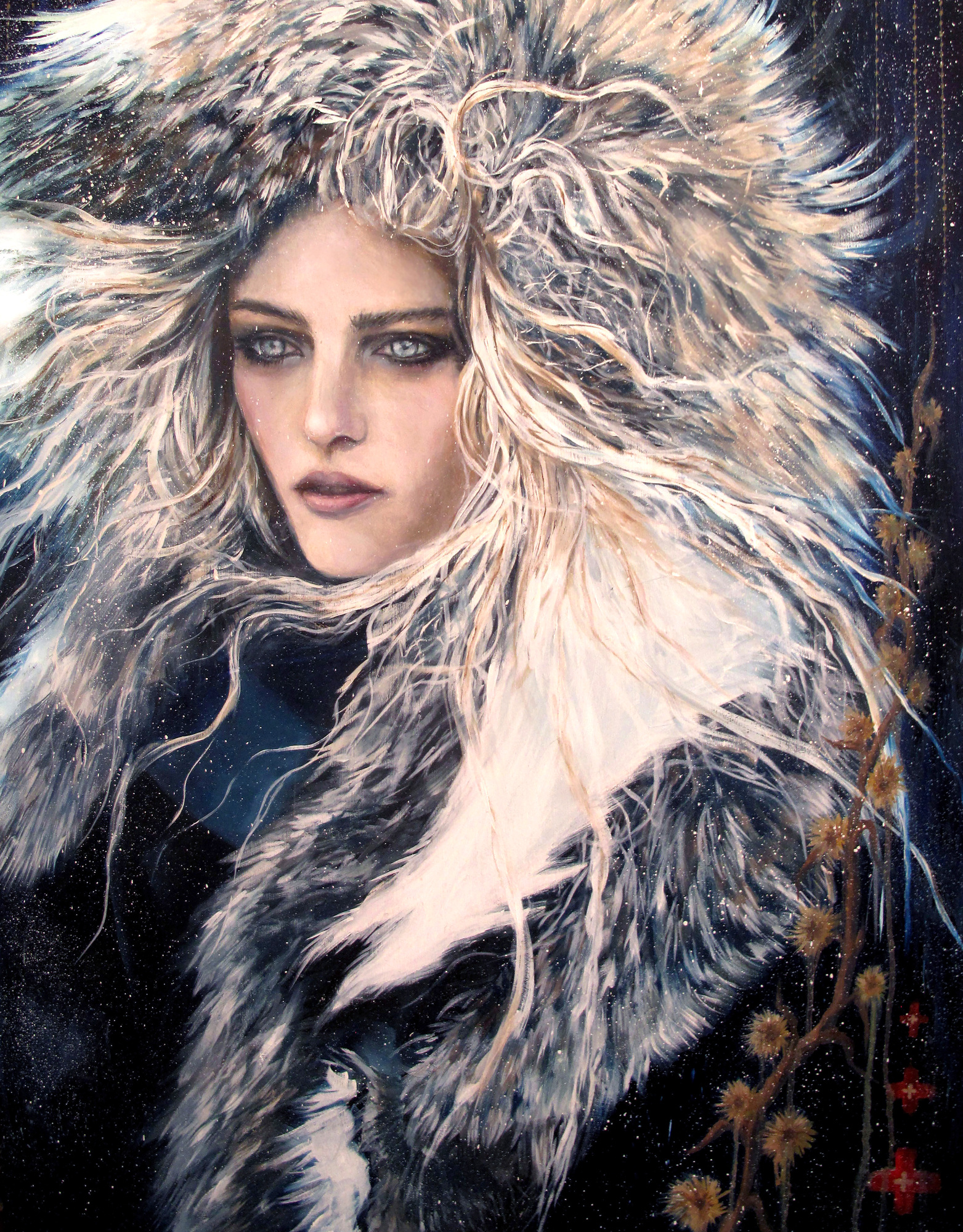 The Spirit of Winter, woman in fur hood with intense gaze, snowy dark background, 2015 oil painting on wood panel by Laura L. Krusemark