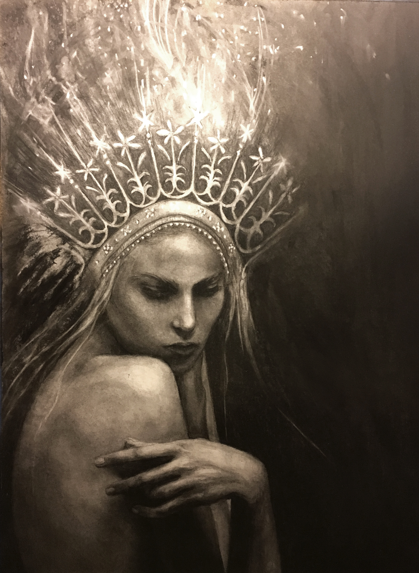 The Handless Maiden, woman with ornate crown, looking down, soft glowing light above, 2015 charcoal painting on paper by Laura L. Krusemark