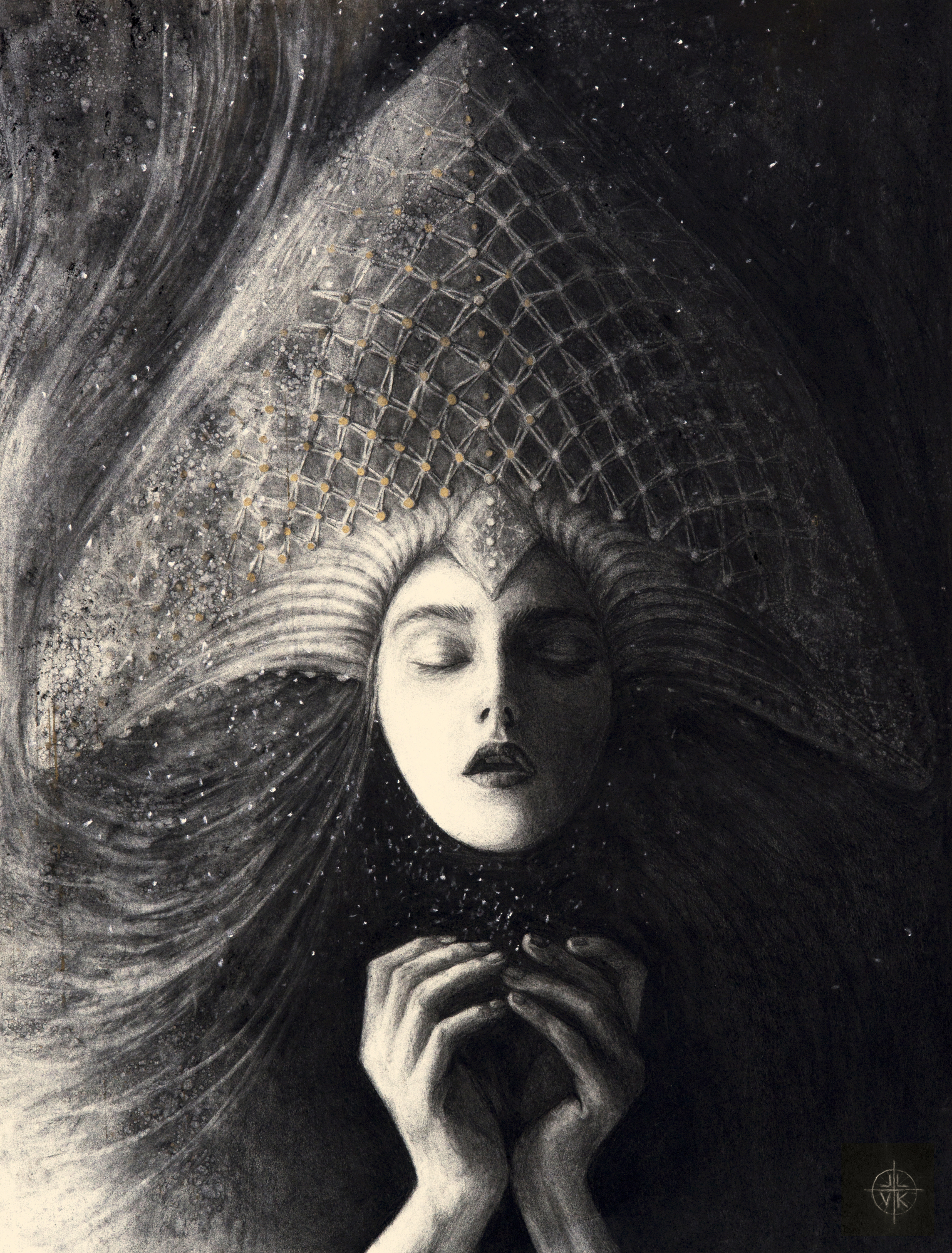 Ancient Song of the Sun, woman with large textured headdress, eyes closed, dark swirling background, 2016 charcoal painting on paper by Laura L. Krusemark