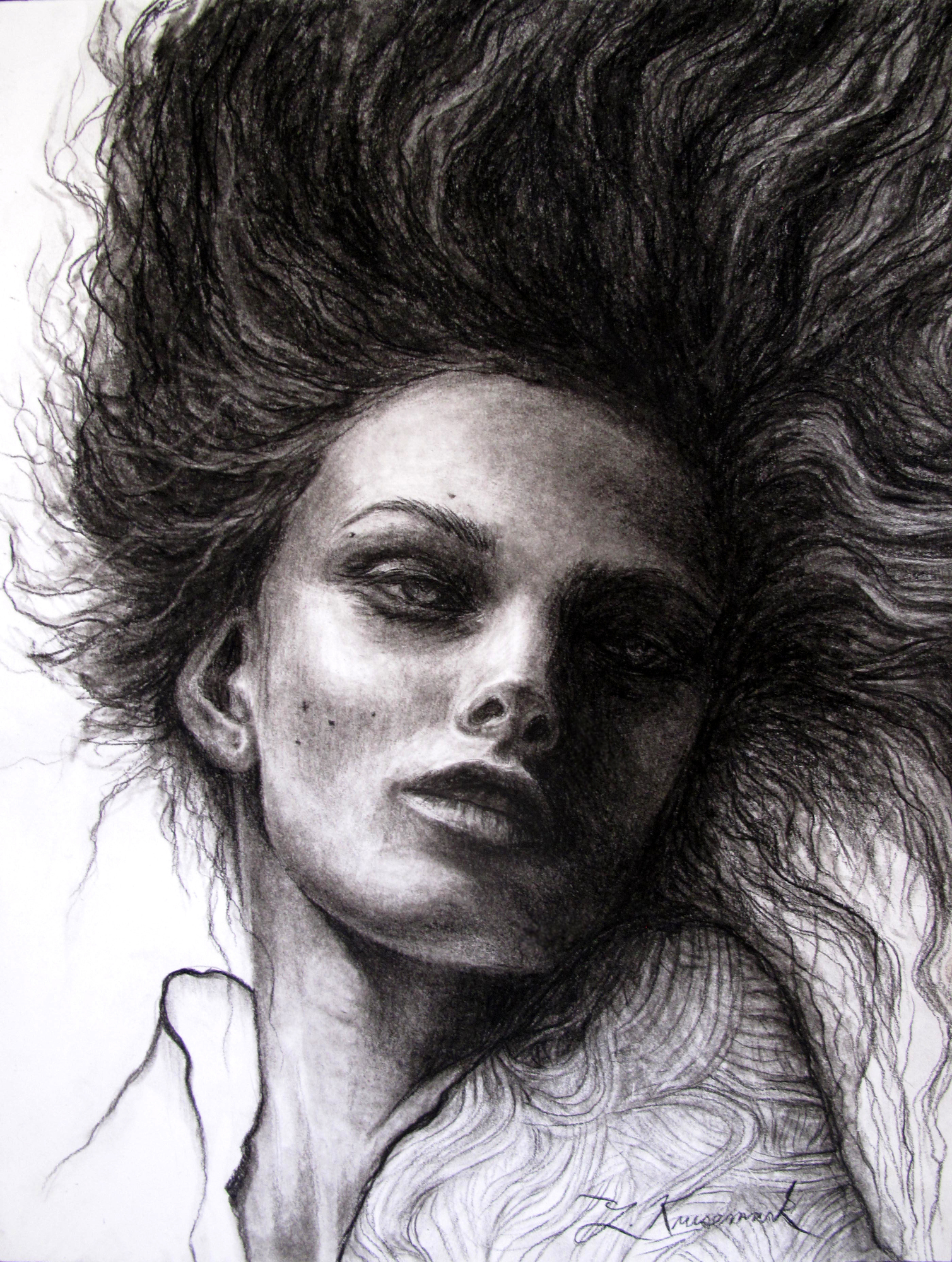 The Nocturne, woman portrait with voluminous flowing hair, monochrome drawing, 2016 charcoal painting on paper by Laura L. Krusemark
