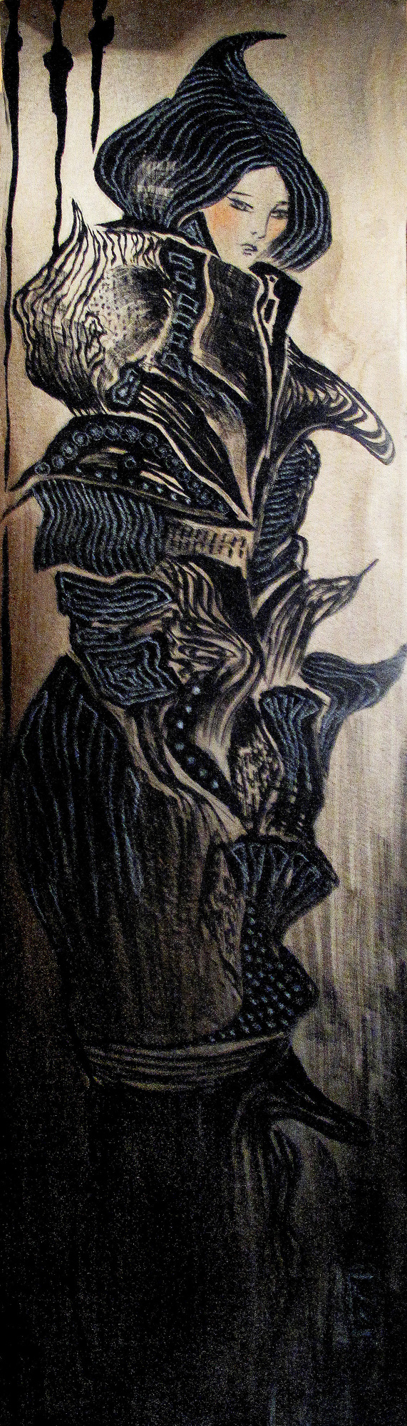 The Patterned Geisha, woman in patterned hooded garment, intricate black and white design, 2016 watercolor painting on paper by Laura L. Krusemark