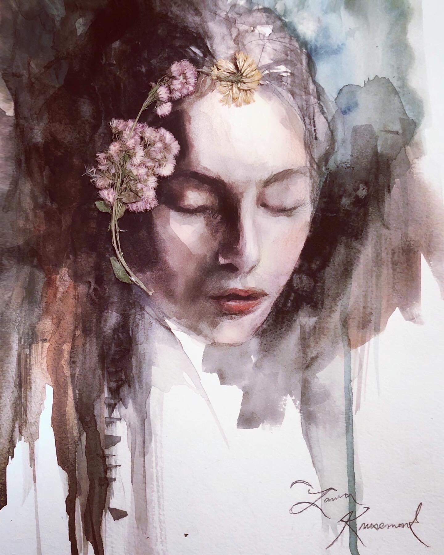 Anastasia, woman with closed eyes and flowers in hair, soft watercolor background, 2017 watercolor painting on paper by Laura L. Krusemark