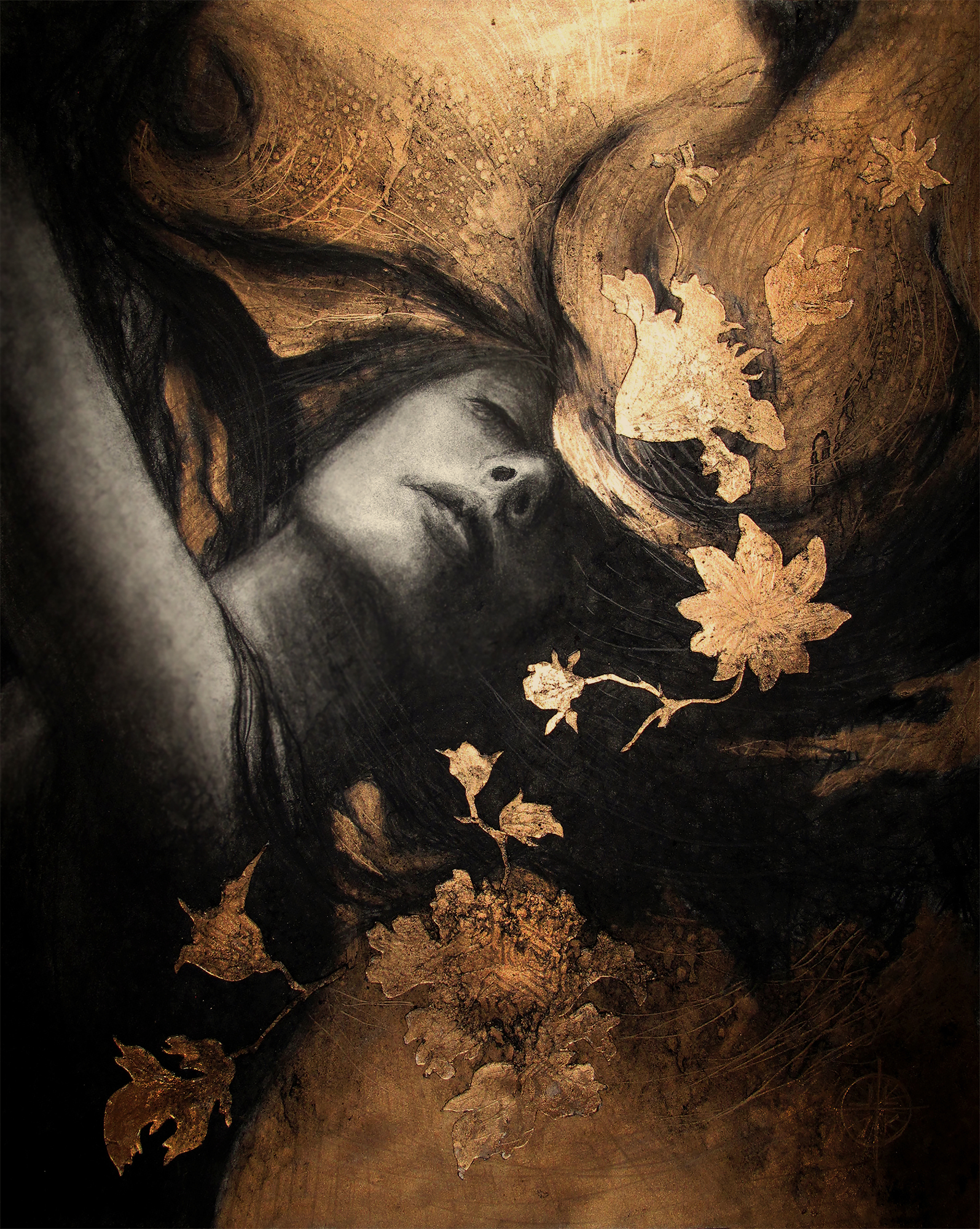 Golden Rapture, woman with flowing hair and gold leaves, head tilted back, dark background, 2017 charcoal painting on paper by Laura L. Krusemark